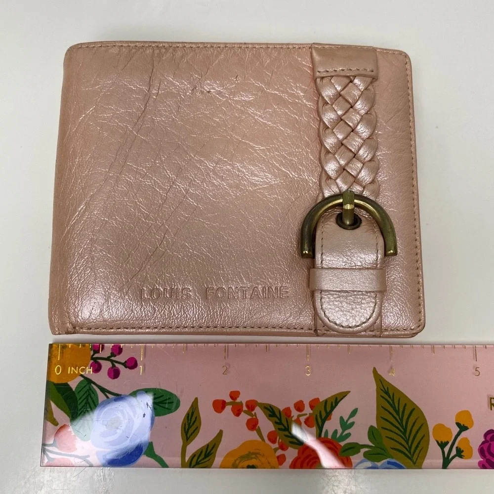 Vintage Louis Fontaine Leather Wallet Braided Accent Pale‎ Pink Fold Over